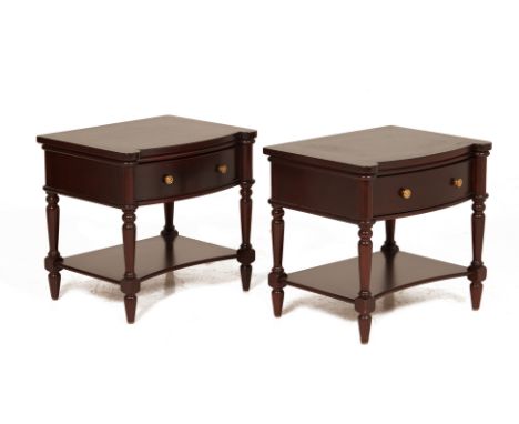 A PAIR OF NIGHTSTANDS
With a single frieze drawer and gilt handles, a single shelf beneath on turned legs
61cm x 65cm x 50cm
