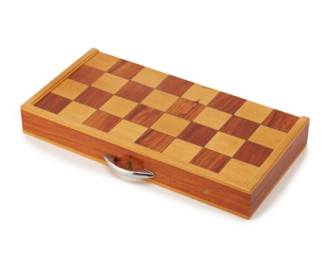 A FOLDING WOODEN CHESSBOARD AND PIECES
With two full sets of chess pieces, metal handle
Measures 50cm x 50cm; 7cm tall when c