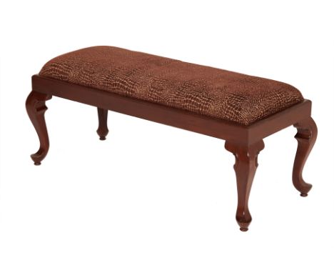 A MAHOGANY FOOTSTOOL
With cheetah print upholstered seat on cabriole legs
48cm x 110cm x 50cm
Condition: Signs of wear commen