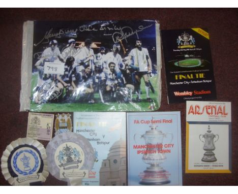 1981 FA Cup Final Football Memorabilia: Large 16 x 12 inch photo of Spurs celebrating signed by 6 plus an original ticket for