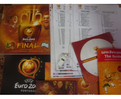 Euro 2004 Football Memorabilia: Large box containing over 20 England v Switzerland Team Sheets, 6 Fan Book Programmes, 4 Fina