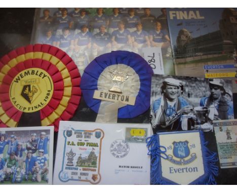 Everton 1984 FA Cup Football Memorabilia: Includes programme, ticket, rosettes of both Everton and Watford, FDC, Postcard and