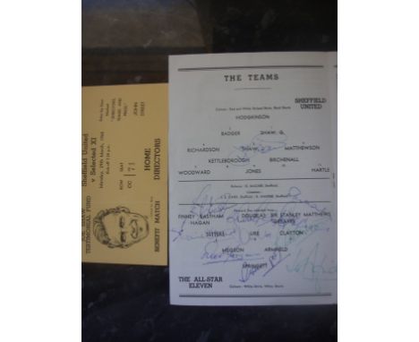 1965 Sheffield United Testimonial Signed By Famous Stars: 1965 Joe Shaw Sheffield Utd v Select X1 which included Springett Ar