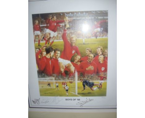England 1966 World Cup Signed Framed Display: Limited edition 600/700 hand signed by 9 of the World Cup winning team lacking 
