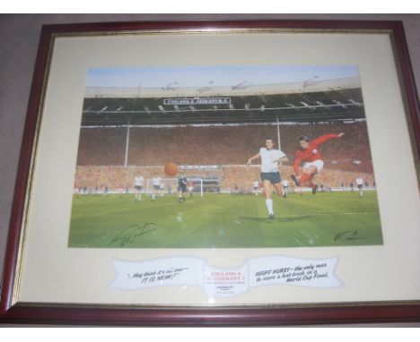 1966 England Signed World Cup Print: Framed 25 x 20 inch print signed to front by Geoff Hurst who is pictured scoring the las