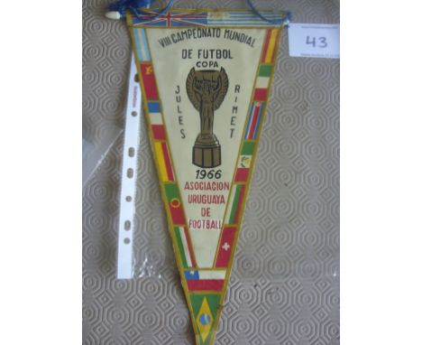 Uruguay 1966 World Cup Pennant: Original pennant with the Jules Rimet trophy, flags of participating countries and "1966 Asoc