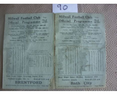 Millwall v Tottenham Football Programmes: League match dated 14 12 1946 with team changes plus 47/48 with tiny piece missing.