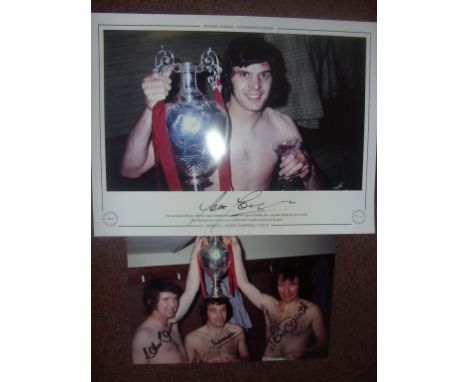 Liverpool 72/73 Signed Football Champions Prints: Large print signed by Peter Cormack showing him with glass of bubbly and Ch