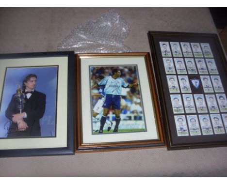 Tottenham Framed Football Memorabilia: Large Signed Photos of Ginola and Poyet plus a set of Vintage Spurs Cards depicting th