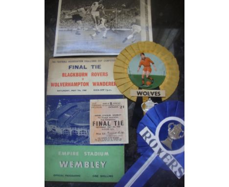 1960 FA Cup Final Football Memorabilia: Original programme ticket rosettes from both Wolves and Blackburn plus a press photo 