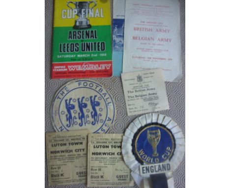 Football Memorabilia: Includes 1966 World Cup England rosette, 1954 Programme + ticket for British Army v Belguim Army at Dul