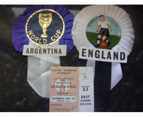 1966 World Cup England v Argentina Football Memorabilia: An original rosette for both teams and a ticket for this quarter fin
