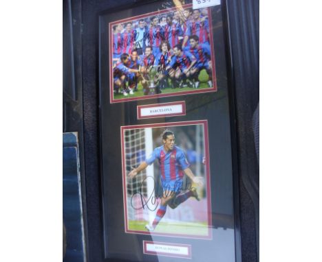 Barcelona Squad Signed Framed Football Photos: Large framed double mounted item depicting 10 x 8 inch photos one of Ronaldini