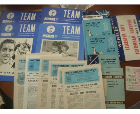 Tottenham Football Memorabilia: Includes handbooks for 60/61 (writing) 62/63 67/68 x 2 + 73/74, 1961 FA Cup Final Ticket and 