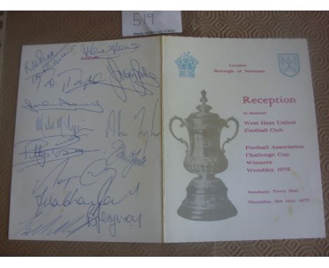 West Ham 1975 FA Cup Winners Signed Football Menu: At Newham Town Hall signed to rear by 14 including Lyall Lock Both Taylors