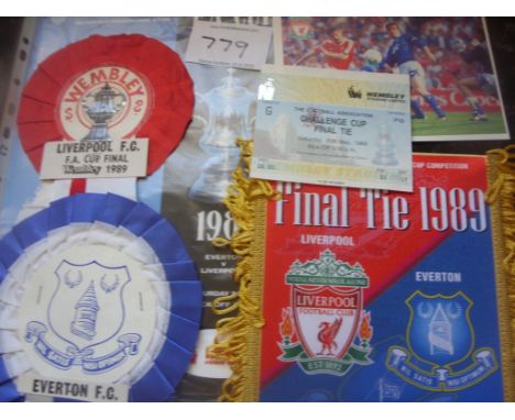 Liverpool 1989 FA Cup Final Football Memorabilia: Includes programme, ticket, Everton and Liverpool Rosettes, Postcard of Rus