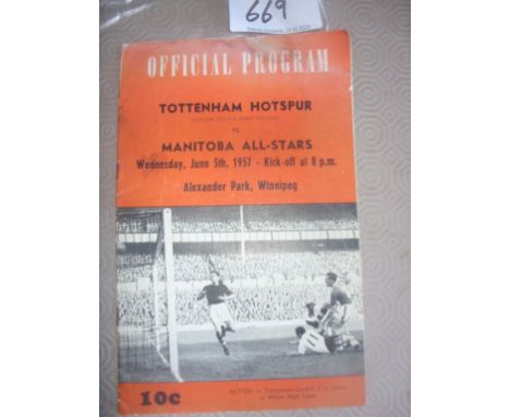 1957 Manitoba All Stars V Tottenham Football Programme: Dated 5 6 1957 part of the Canadian Tour. 16 page programme has rusty