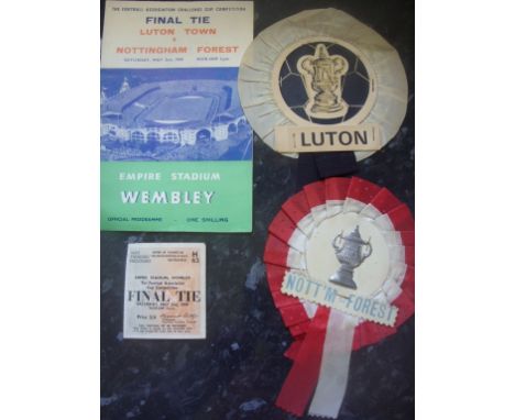 Nottingham Forest 1959 FA Cup Final Football Memorabilia: Includes original programme ticket and rosettes for both Forest and