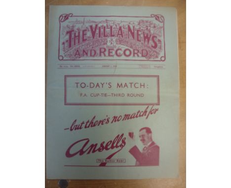 38/39 Aston Villa v Ipswich Town FA Cup Football Programme: First match dated 7 1 1939 with covers intact. Light fold no team