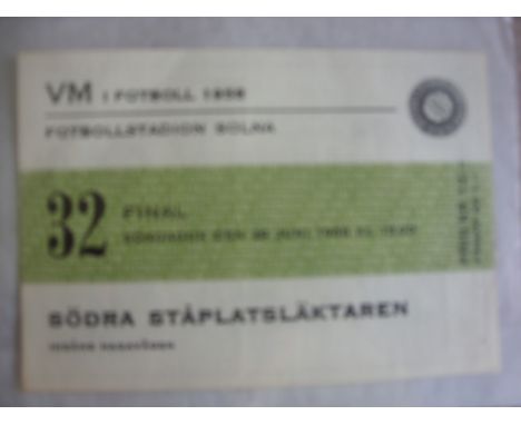 1958 World Cup Final Football Ticket: Sweden v Brazil dated 29 June 1958 is in excellent condition with a hand stamp to rear.