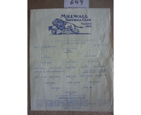 64/65 Millwall v Tottenham Youth Cup Football Programme: Large single sheet dated 14 12 1964 with no writing. Folding.