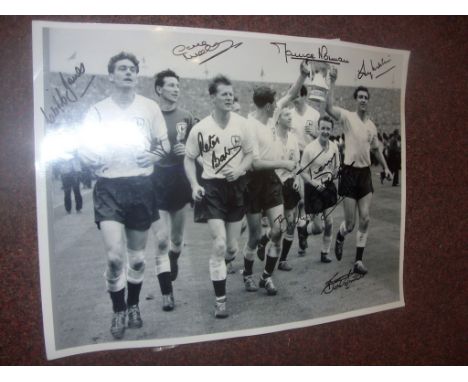 Tottenham 1961 Double Winners Signed Photo: Large black and white photo measuring 16 x 12 inches hand signed neatly by 9 incl