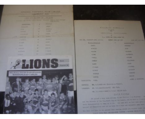 Millwall v Arsenal Youth Football Programmes: At The Den 66/67 Youth Cup single A4 page and SJFCF 15 5 1991. C/W London Youth