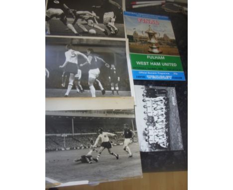 West Ham Football Memorabilia: Includes 3 10 x 8 press photos with 1 stamped to rear, plus postcard of 75/76 opponents Den Ha