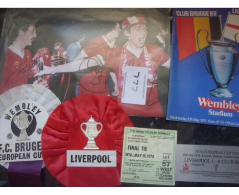 Liverpool 1978 European Cup Final Football Memorabilia: Includes programme, ticket, rosettes of both Liverpool and Brugge a p