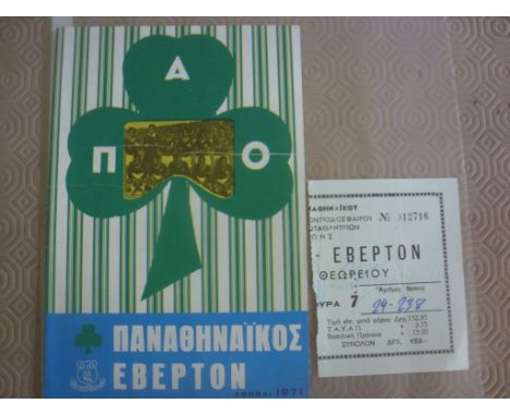 Everton European Football Programme + Ticket: Panathinaikos v Everton European Cup 70/71 plus scarce ticket. Both Good. (2)