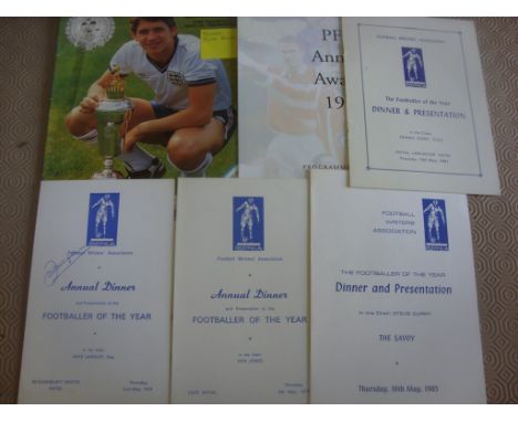 Football Writers Player Of The Year Menus: Includes 1974 Ian Callaghan signed by him with signed postcard also. The rest unsi