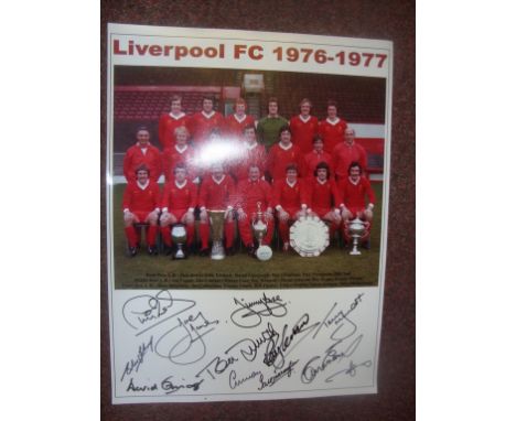 1977 Liverpool Signed Photo With 5 Cups: Very large print with Liverpool Squad having 5 trophies in front of them after winni