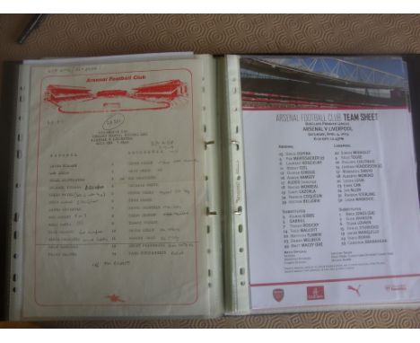 Arsenal Football Team Sheets: Neatly kept in folder containing 16 Champions League, 7 Emirates Cup plus FA Cup Finals + Semis