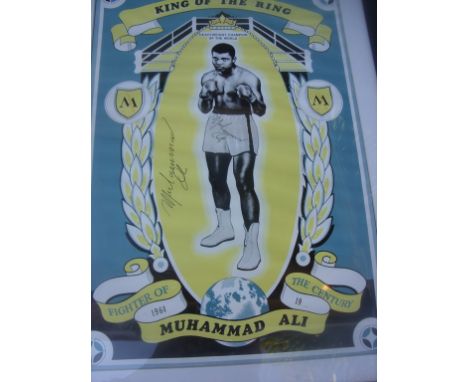 Muhammad Ali Signed Framed Boxing Print: Poster named ""King of the Ring"" Fighter of the Century. Depicts Ali with clear aut