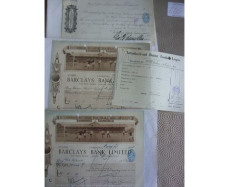 Tottenham 1920s Signed Football Cheques: Beautiful cheques depicting match going on at White hart Lane signed by secretary an