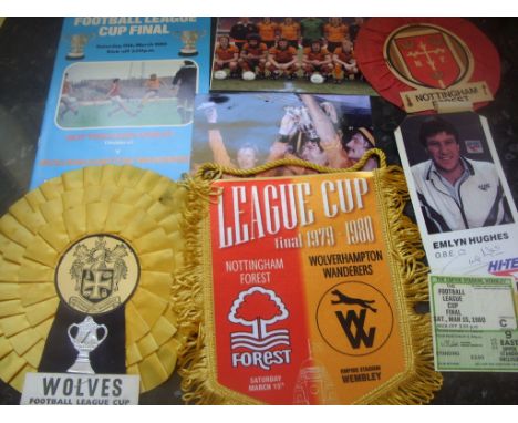 Wolverhampton Wanderers 1980 League Cup Final Football Memorabilia: Includes programme, ticket, Rosettes for both Wolves and 