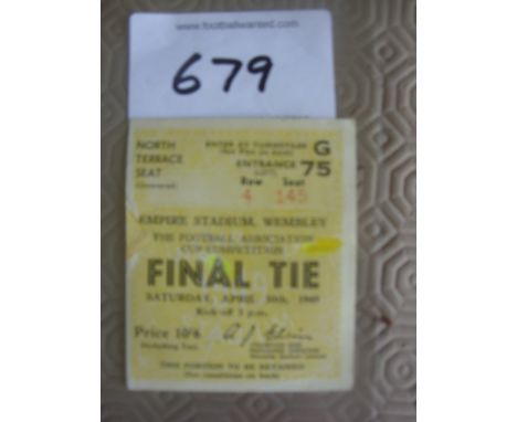 1949 FA Cup Final Football Ticket: For the Leicester City v Wolves match. Repair to edge.