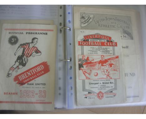 1950s Football Programmes: Folder containing a list of the enclosed programmes which are from 52/53 to 59/60 and include 52/5