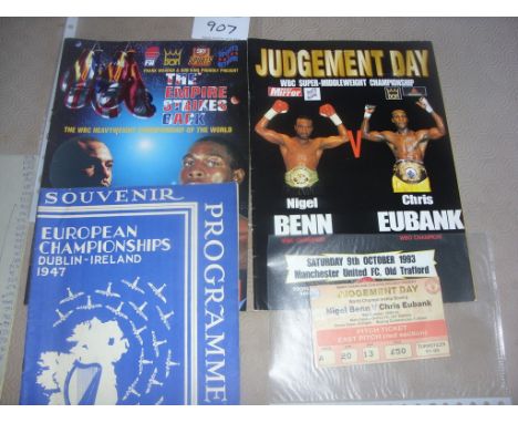 Boxing Programmes: 1947 European Championships from Dublin, 1995 McCall v Bruno and 1993 Benn v Eubank with ticket. Excellent