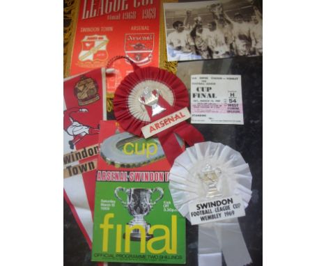 Swindon Town 1969 League Cup Final Football Memorabilia: Original programme, ticket, rosettes from both teams, 60s Swindon pe