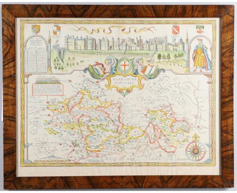 John Speed (1552-1629). Berkshire Described, hand-coloured engraved map, strapwork cartouche and compass rose with a panorama