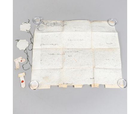 A Charles II indenture manuscript, handwritten with ornate title piece, on a single sheet of vellum, dated 2nd May 1682, appr