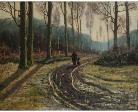 Belgian, 1874-1949Mother and Child on a Forest Road Signed Louis G. Cambier (lr)Oil on canvas24 x 29 3/4 inches (61 x 75.6 cm