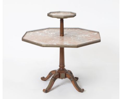 Height 36 1/2 inches, diameter 40 inches.water damage to legs; crack to larger marble shelfwater damage to legs; crack to lar