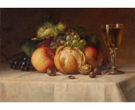 American/German, 1847-1921Still Life with Fruits, Nuts, and a Glass of WineSigned A. Laux (ll)Oil on canvas10 x 14 inches (25