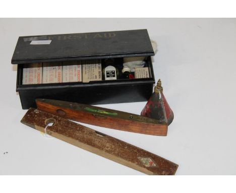 Two vintage Rathbone levels an oiler &amp; a vintage first aid tin &amp; contents 
