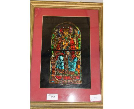 A Church glass hand painted panel signed R Hunter 8641x31cm 