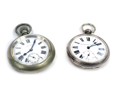 A silver cased pocket watch, with the chronometer railway regulator white enamel face with Roman numeric dials, blue hands, w
