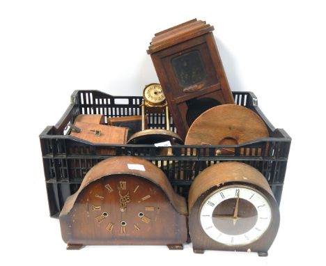 Various clock repair related items, to include a Smiths walnut clock case, other early 20thC oak cased mantel clocks, various