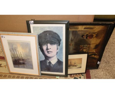 An interesting collection of artwork to include an Arthur Delaney limited edition print of John Lennon, two watercolours and 